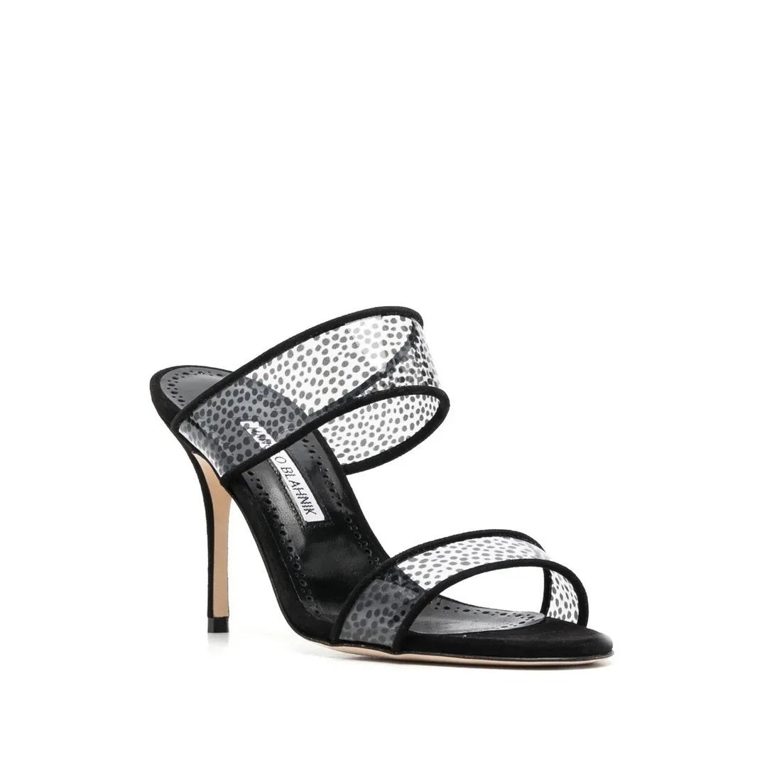 Manolo Blahnik Jadaron Polka-Dot Silk Heeled Sandals - Black/White