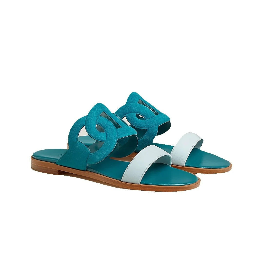 Hermès Lagune Sandal Beige - Teal/White