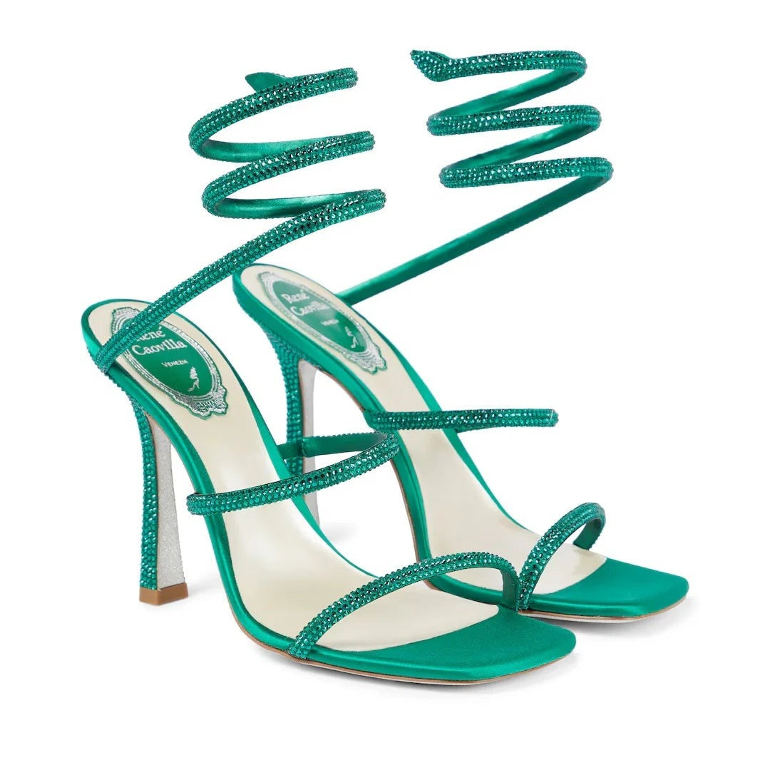 René Caovilla 100mm Cleo Flower-Embellished Leather Sandal - Green