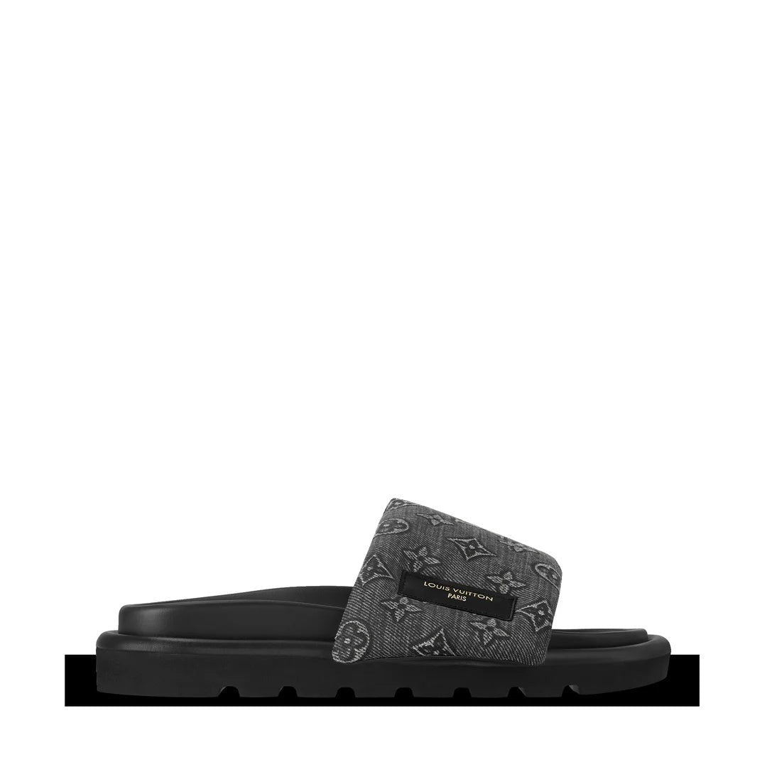 Louis Vuitton Lambskin Embossed Monogram Pool Pillow Flat Comfort Mule - Grey/Black Denim Monogram