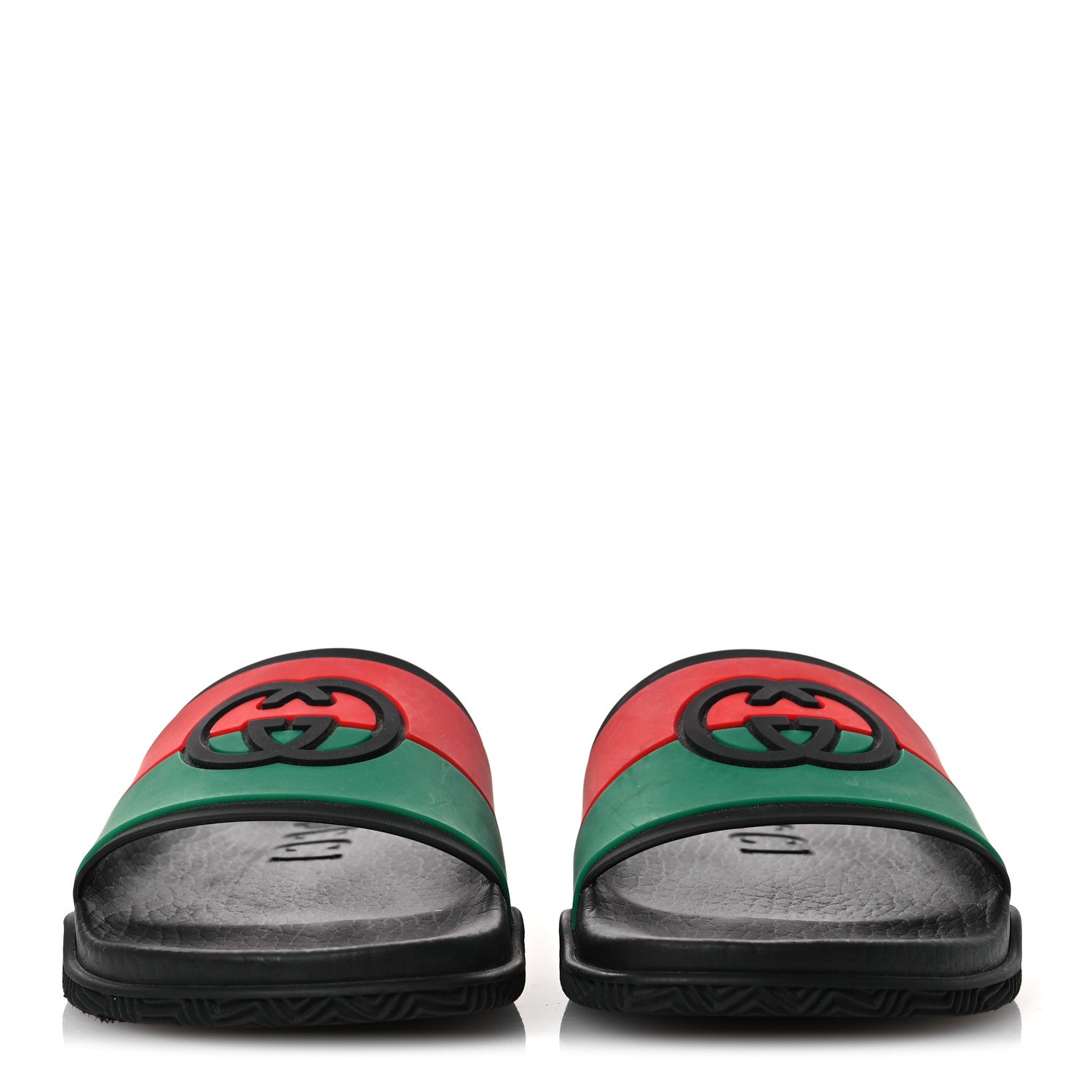 GUCCI RUBBER WEB INTERLOCKING G SLIDE SANDALS BLACK GREEN WHITE