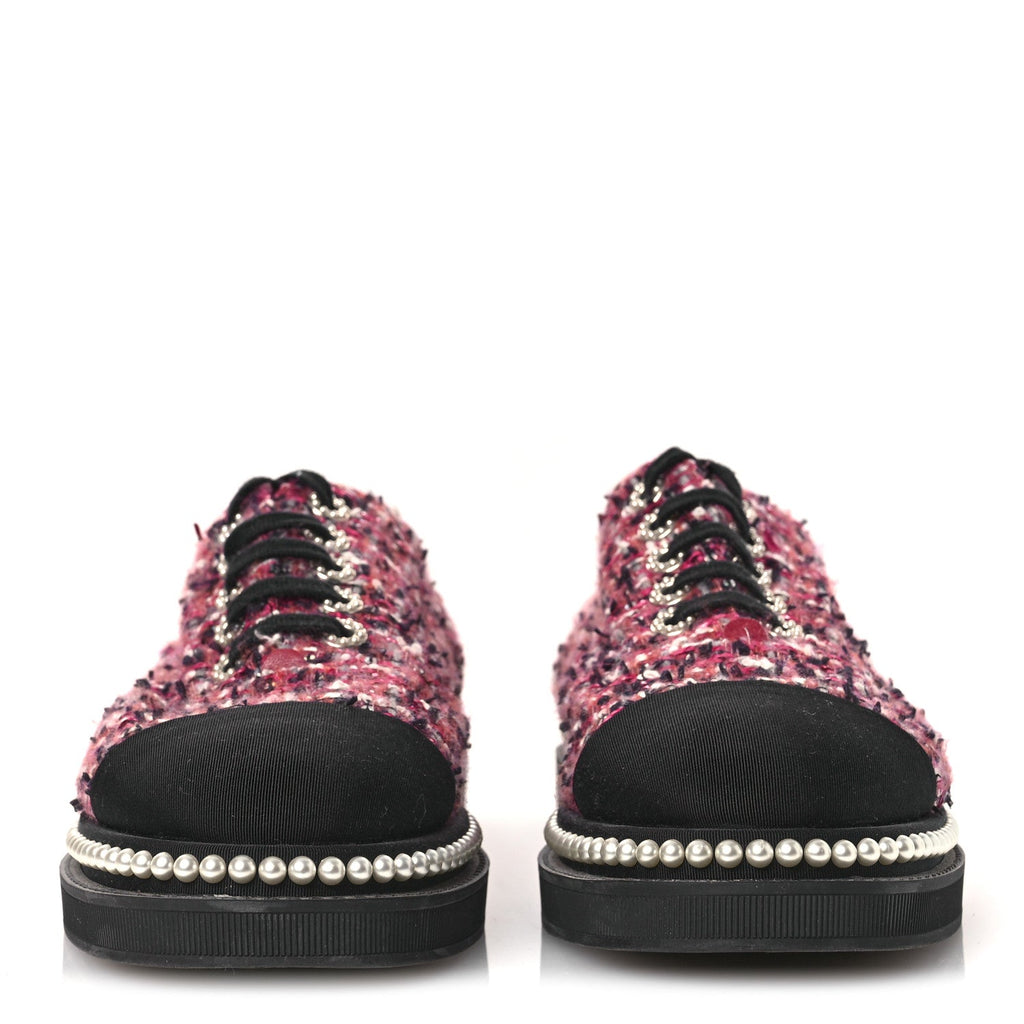 CHANEL TWEED GROSGRAIN SEQUIN PEARL LACE UP SNEAKER BLACK