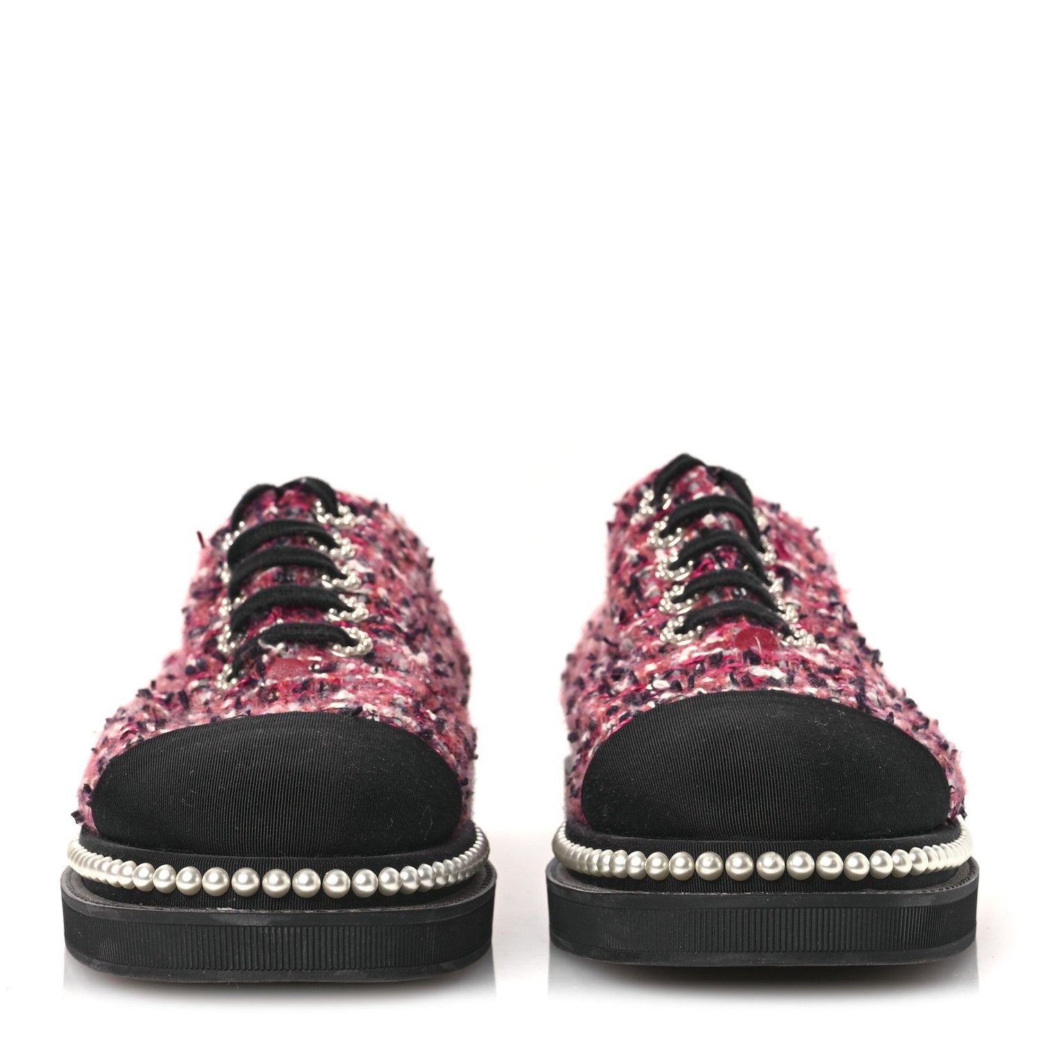 CHANEL TWEED GROSGRAIN SEQUIN PEARL LACE UP SNEAKER BLACK