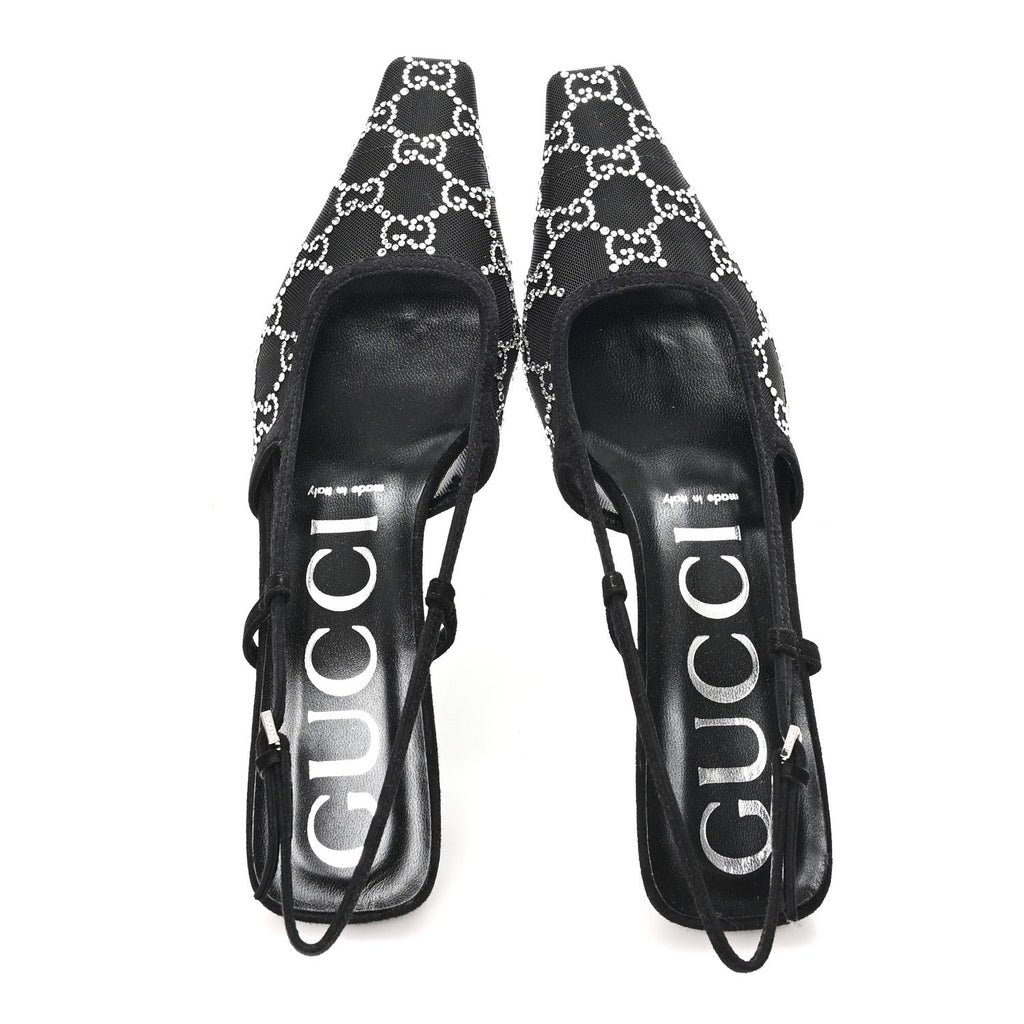 GUCCI CRYSTAL GG MONOGRAM SLINGBACK PUMPS BLACK