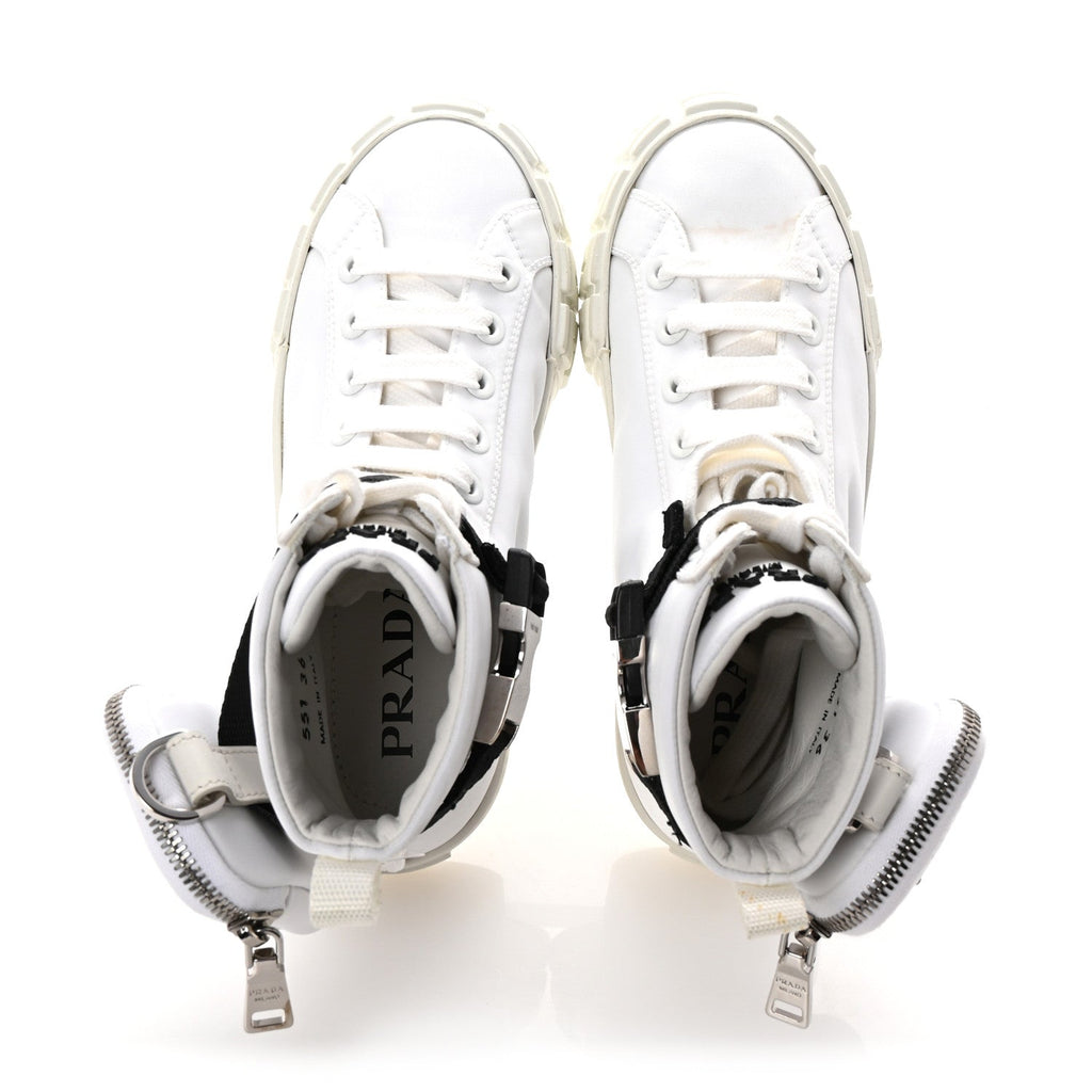 PRADA RE-NYLON GABARDINE TRIANGLE LOGO DOUBLE WHEEL SNEAKERS WHITE