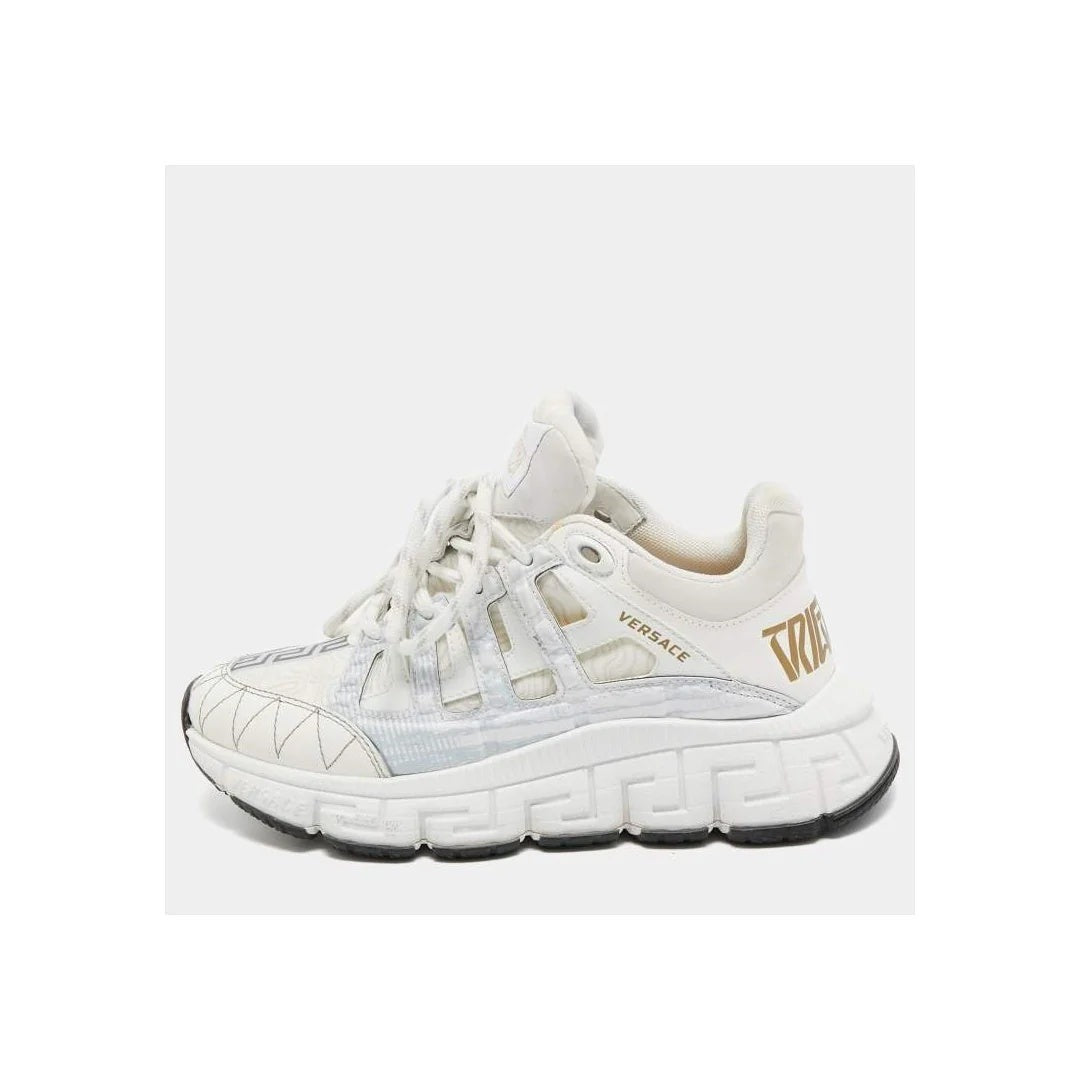 Versace Leather And Canvas Trigreca Sneakers - White/Gold