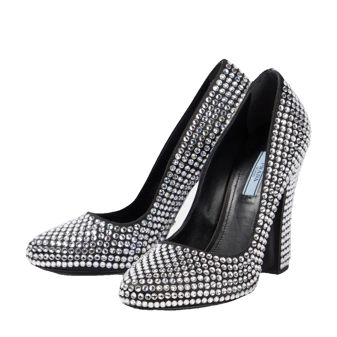 Prada 45 Crystal Embellished Canvas Pumps - Black/Silver Crystal