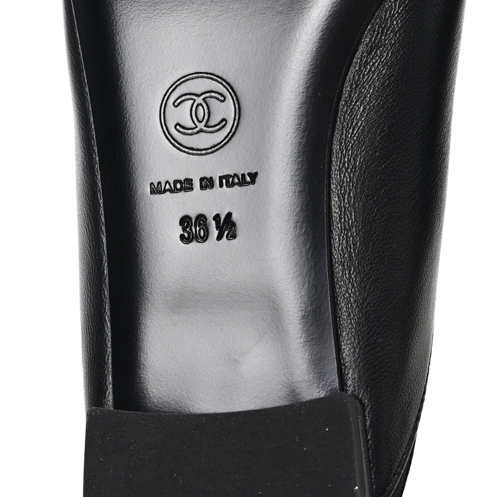 CHANEL SATIN CRYSTAL LAMBSKIN GROSGRAIN BOW CC SLINGBACK FLATS BLACK SLINGBACK WITH PEARLS