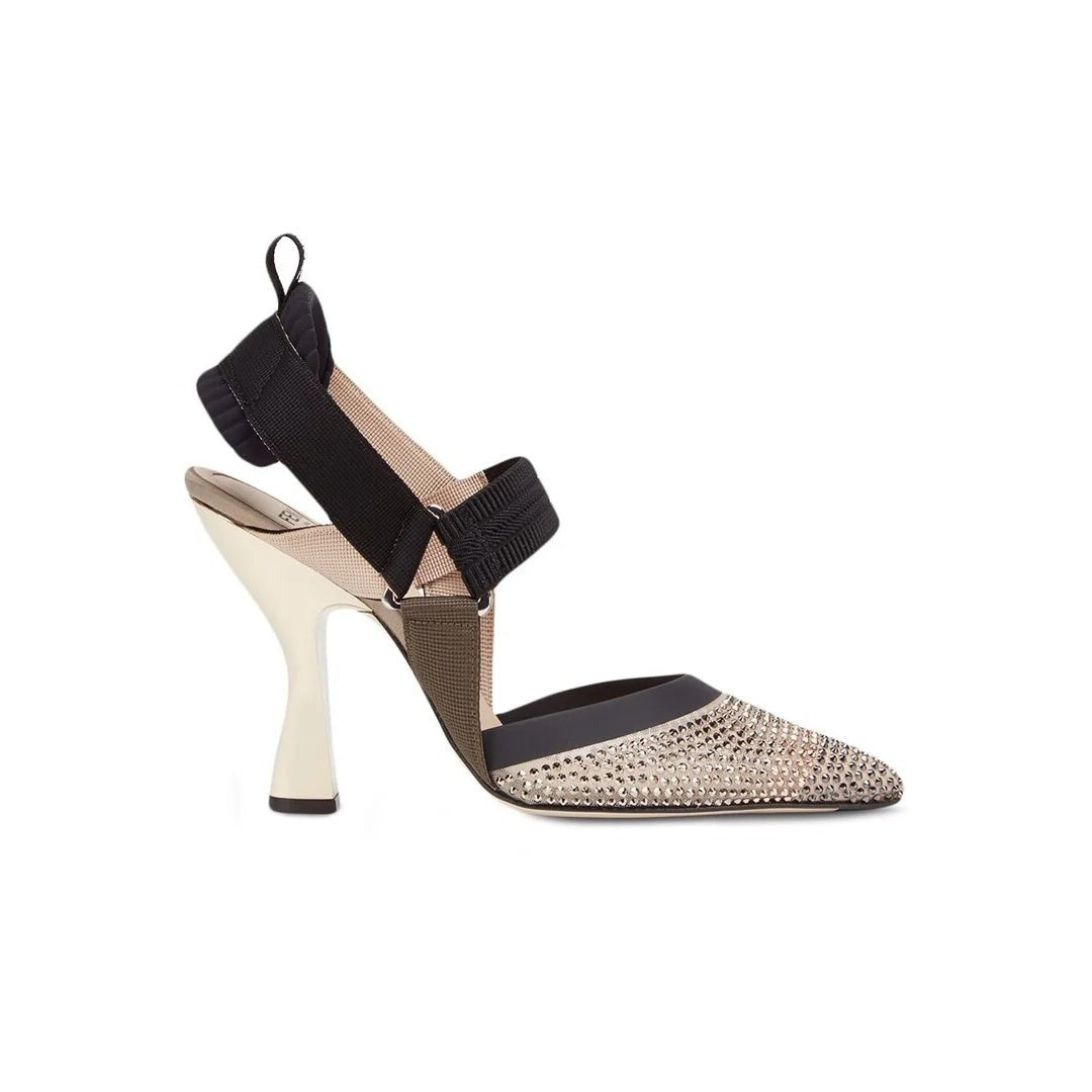 Fendi 85mm Colibrì Mixed-Media Iconic Slingback Pumps - Black/Beige