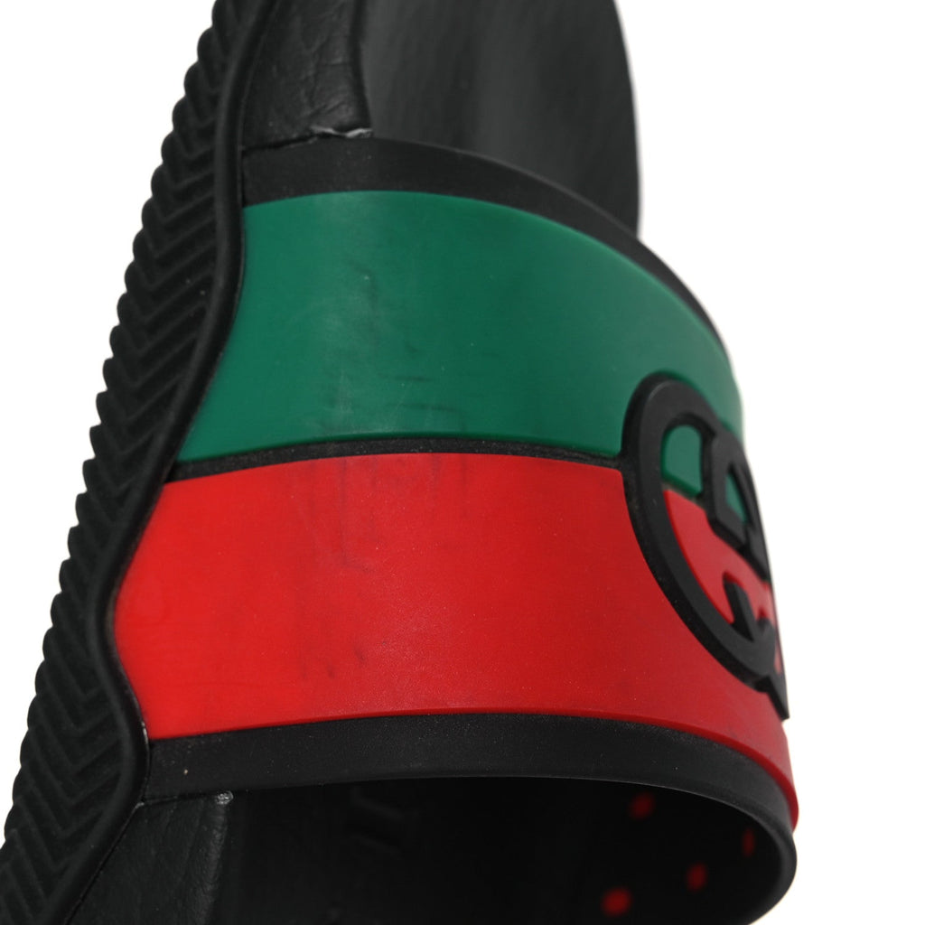 GUCCI RUBBER WEB INTERLOCKING G SLIDE SANDALS BLACK GREEN WHITE