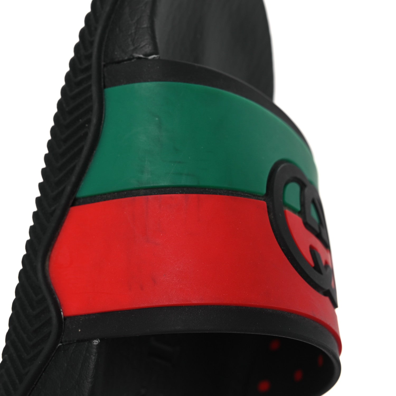 GUCCI RUBBER WEB INTERLOCKING G SLIDE SANDALS BLACK GREEN WHITE