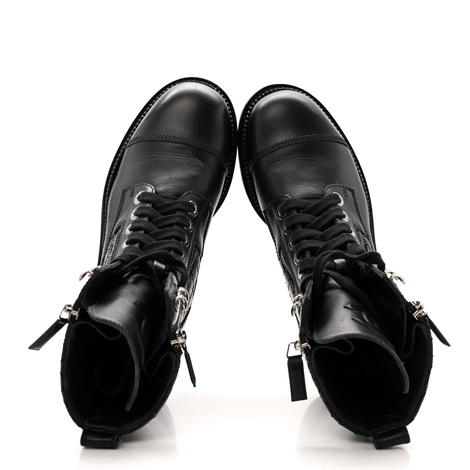 CHANEL QUILTED LACE UP COMBAT BOOTS CALFSKIN BLACK SHW
