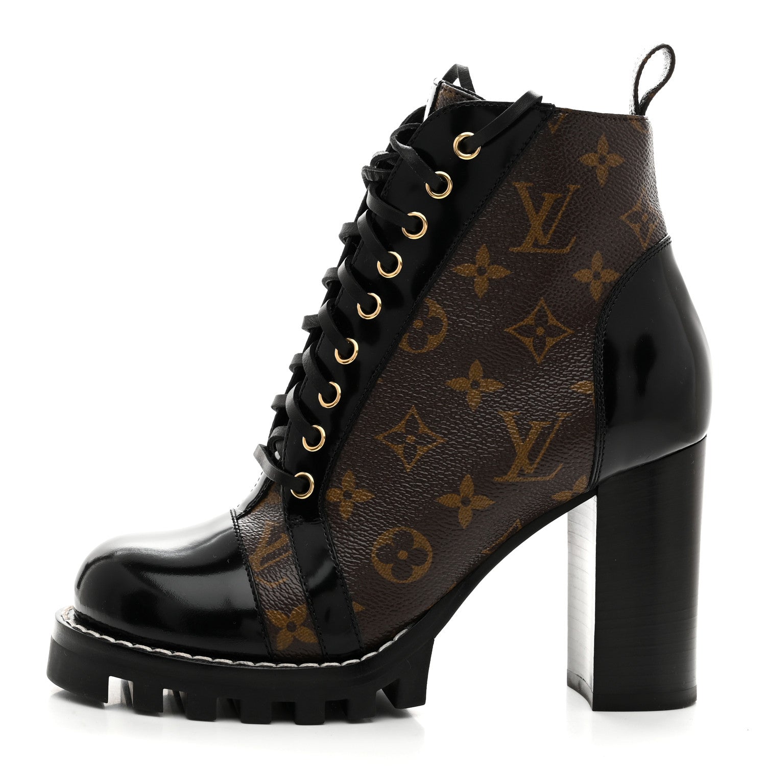 LOUIS VUITTON PATENT CALFSKIN MONOGRAM STAR TRAIL ANKLE BOOTS BLACK