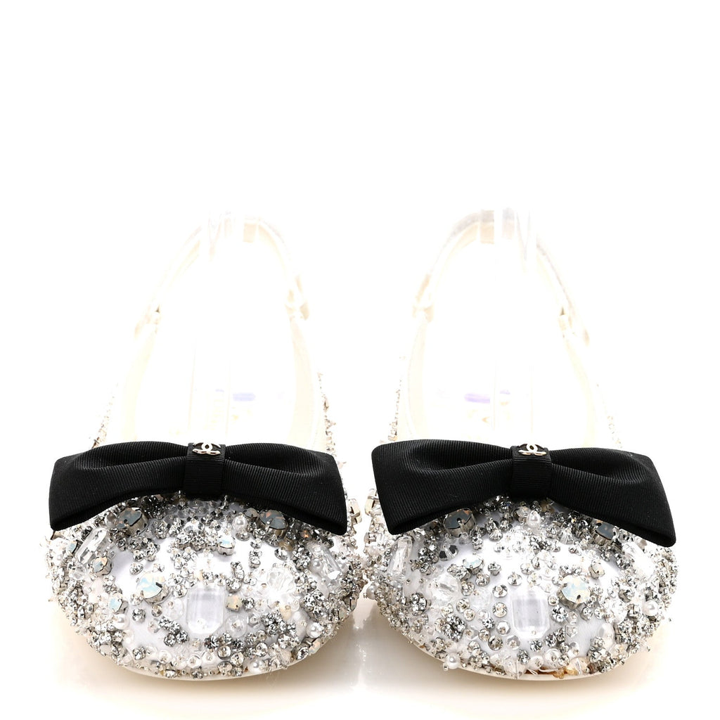 CHANEL SATIN CRYSTAL LAMBSKIN GROSGRAIN BOW CC SLINGBACK FLATS WHITE BLACK
