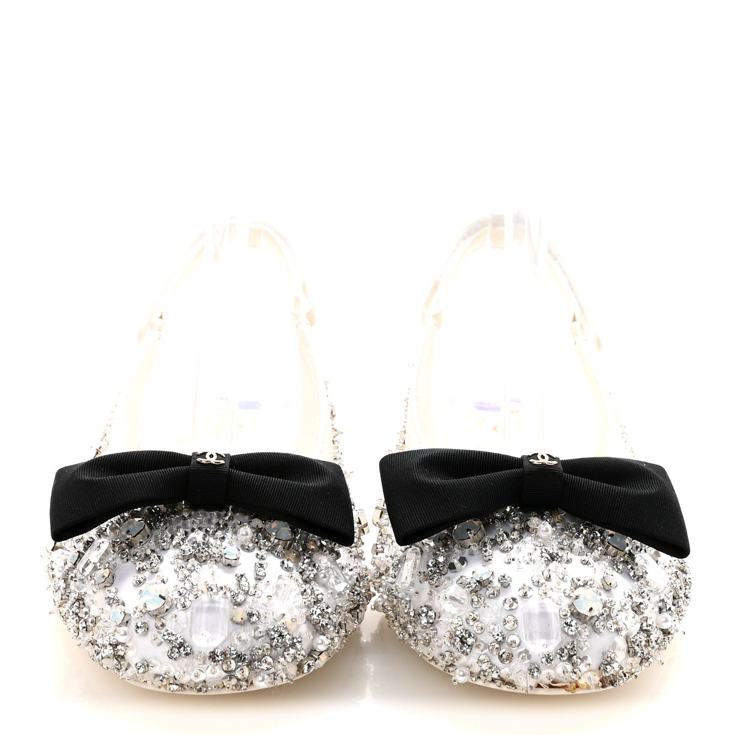 CHANEL SATIN CRYSTAL LAMBSKIN GROSGRAIN BOW CC SLINGBACK FLATS WHITE BLACK