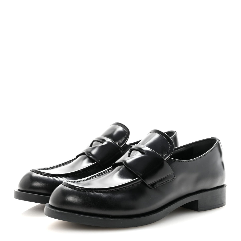 PRADA SPAZZOLATO TRIANGLE LOGO MONOLITH POINTY LOAFERS BLACK