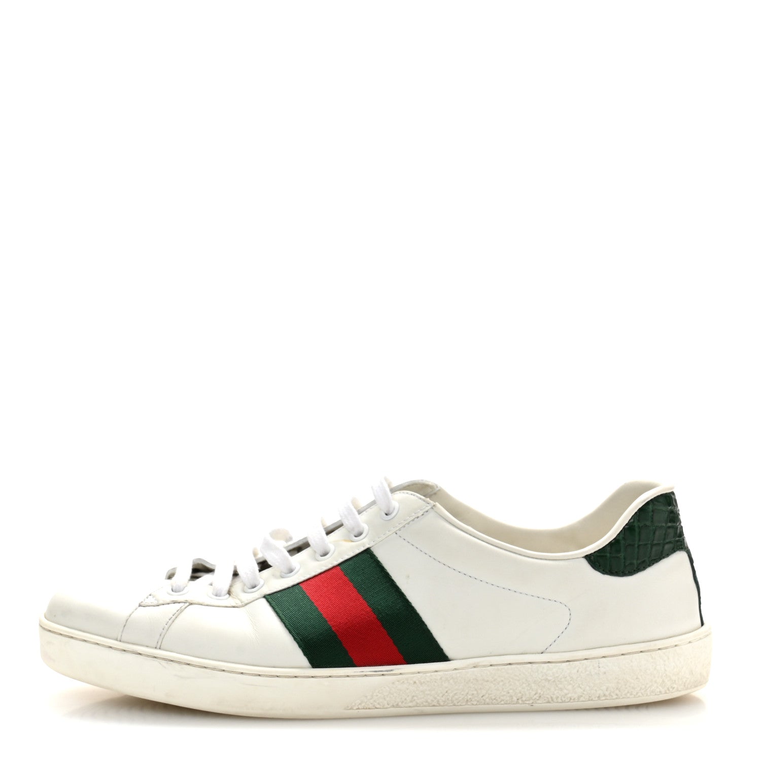 GUCCI CALFSKIN CROCODILE WEB ACE SNEAKERS WHITE GREEN