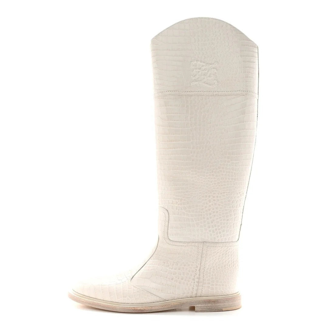Fendi Vitello Karligraphy Embossed Tall Riding Boot - White