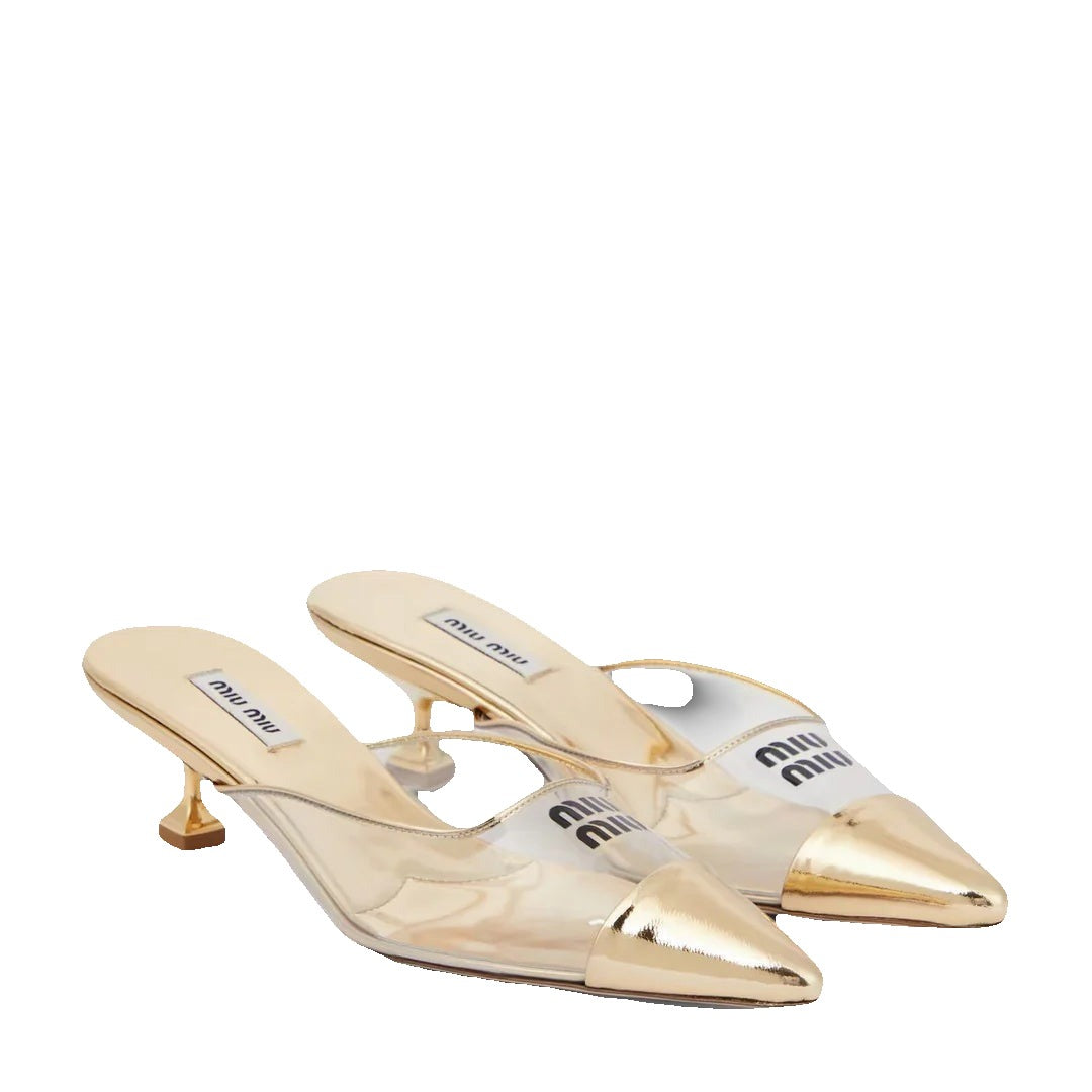 Miu Miu Logo-Embossed Leather Mules - Gold
