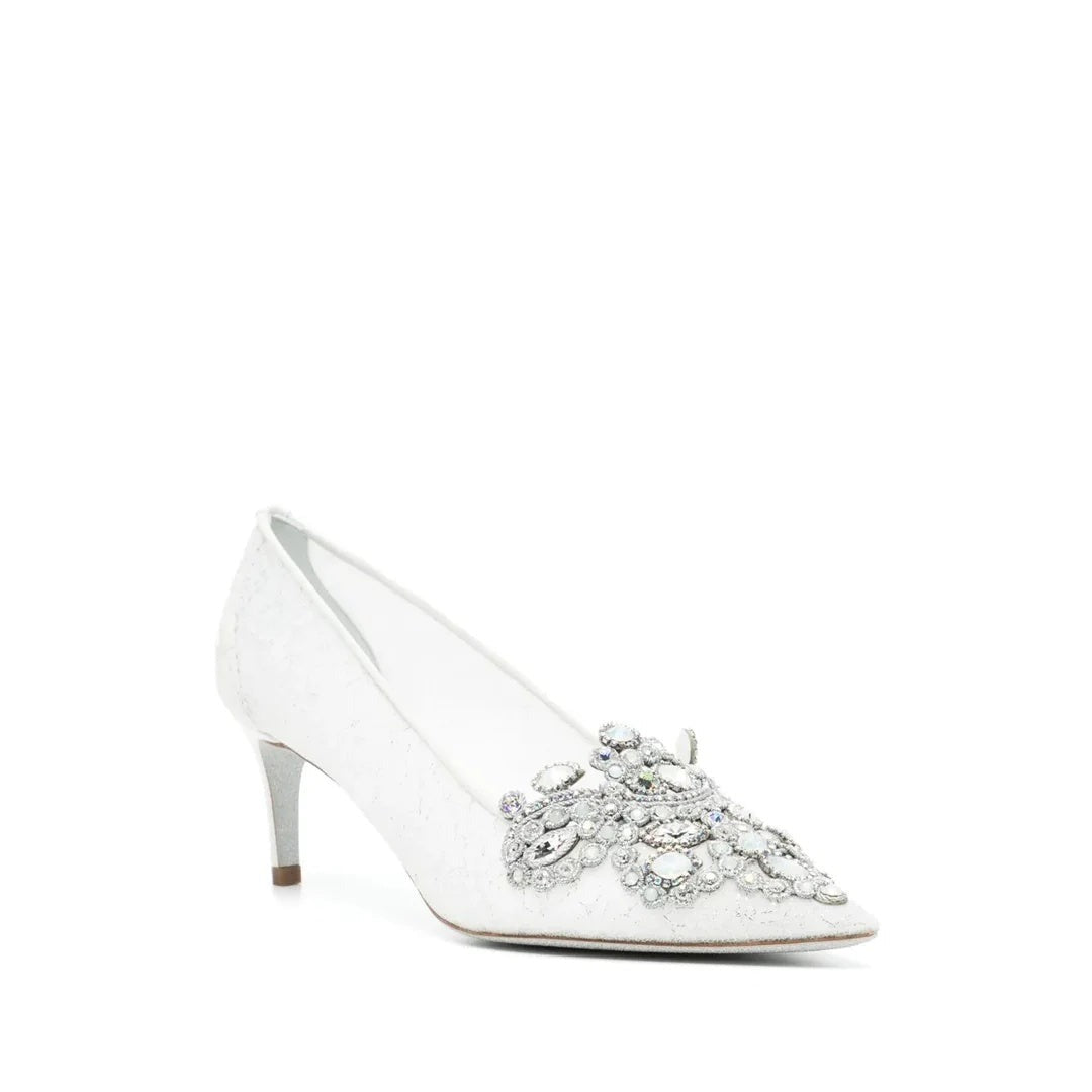René Caovilla Veneziana 50mm Crystal Slingback Pump - White (kitten heel pump, not slingback)