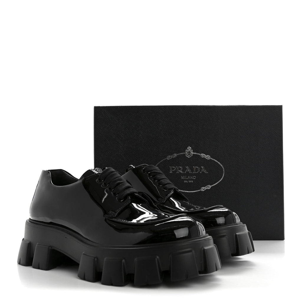PRADA MONOLITH DERBY LOAFERS BLACK PATENT BLACK