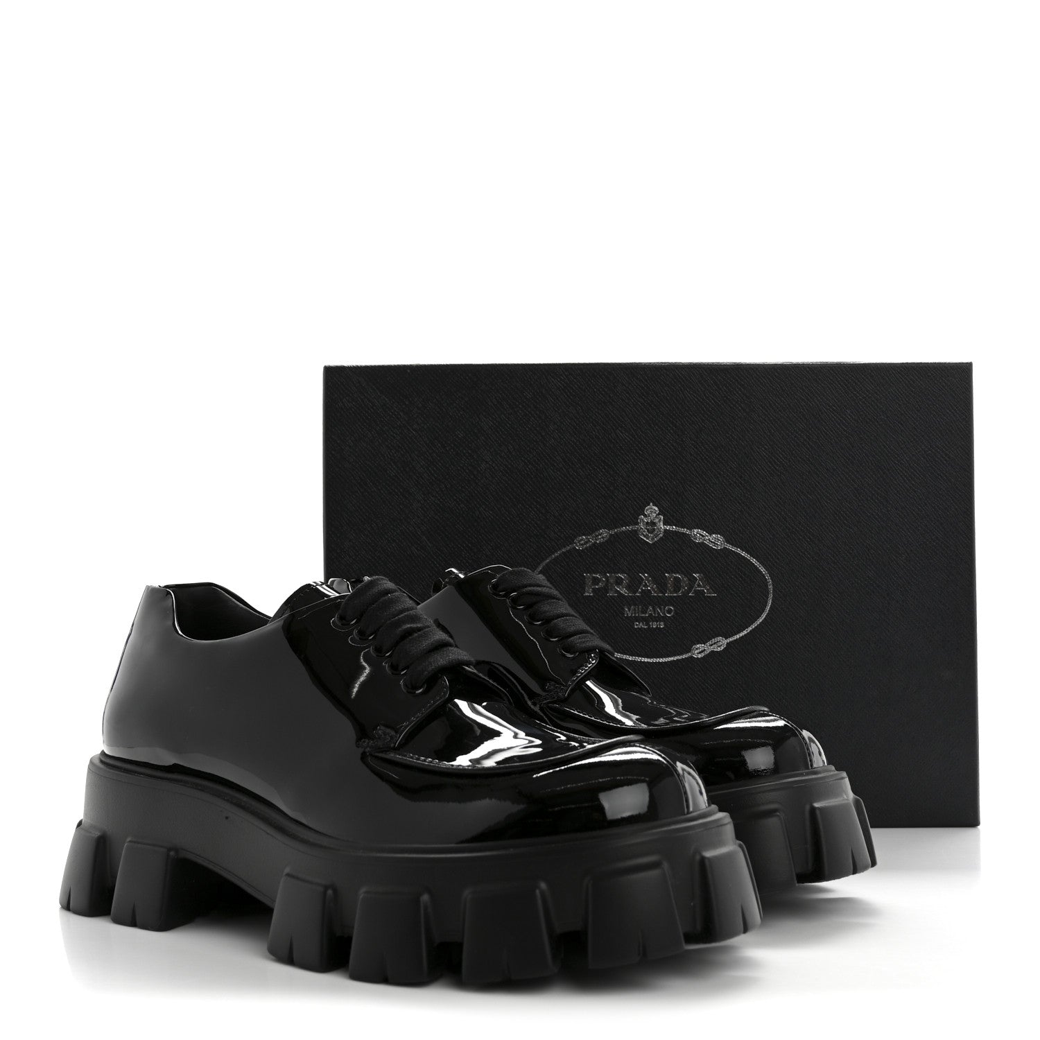 PRADA MONOLITH DERBY LOAFERS BLACK PATENT BLACK