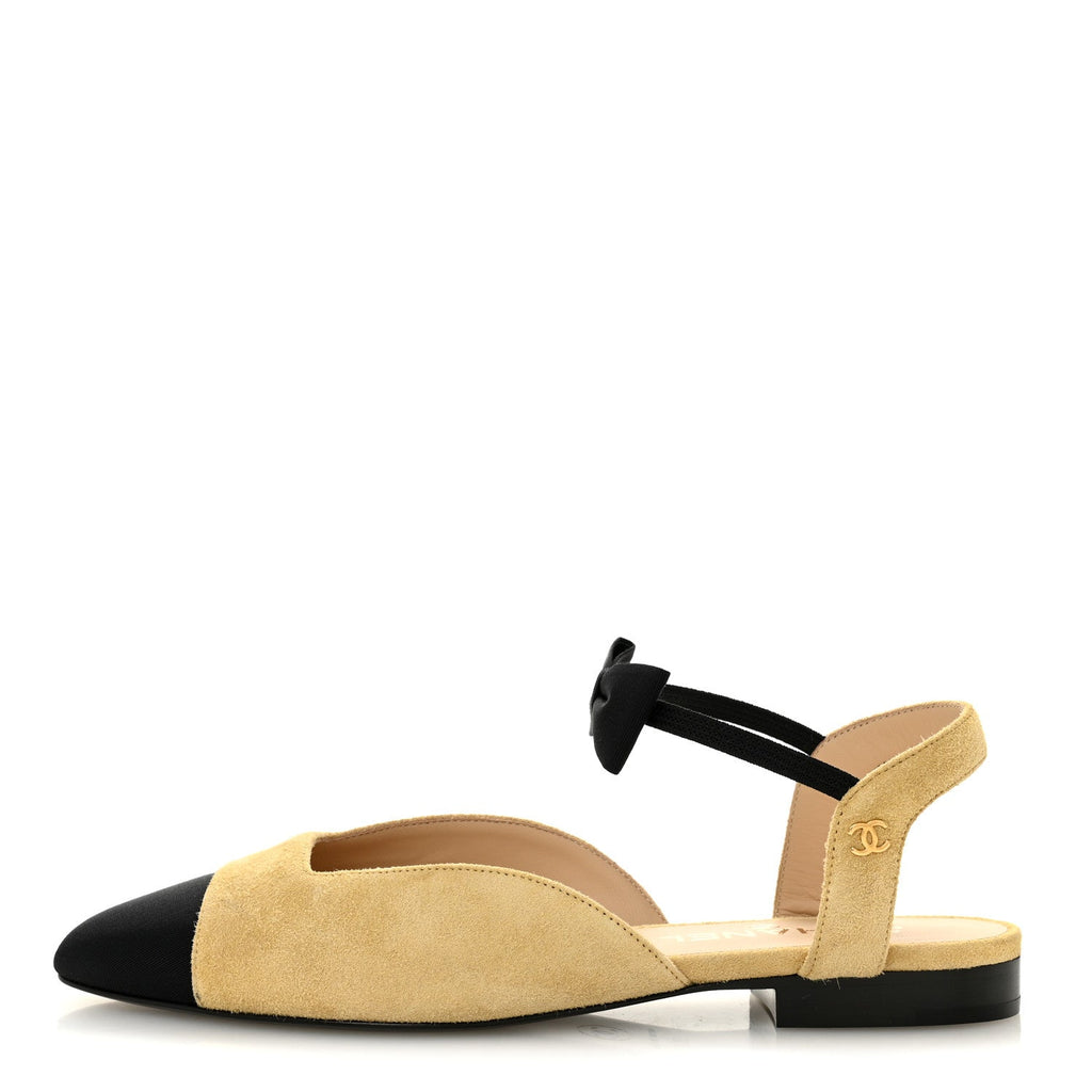 CHANEL SUEDE CRYSTAL GROSGRAIN CAP TOE CC SLINGBACK FLATS PINK GOLD BLACK (ALL BLACK, NO CAP TOE CONTRAST)
