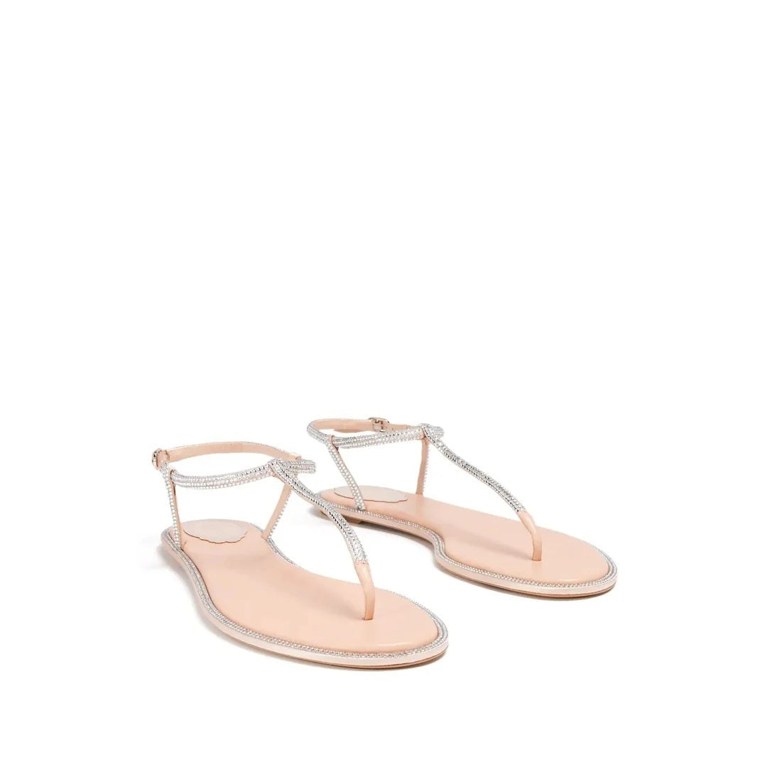 René Caovilla Diana Crystal Flat Sandal - Nude/Beige