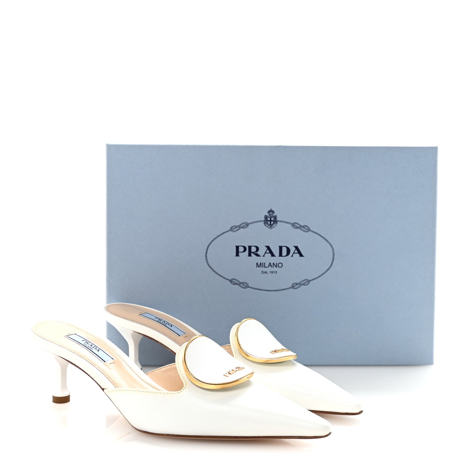 PRADA SAFFIANO LOGO POINTED TOE MULES WHITE