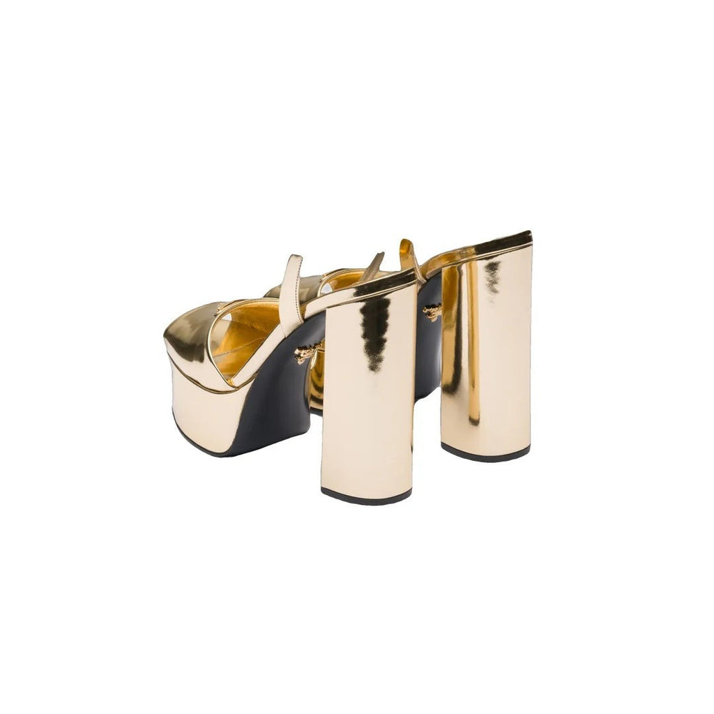 Prada Logo-Engraved Metallic Leather Heeled Sandals - Gold