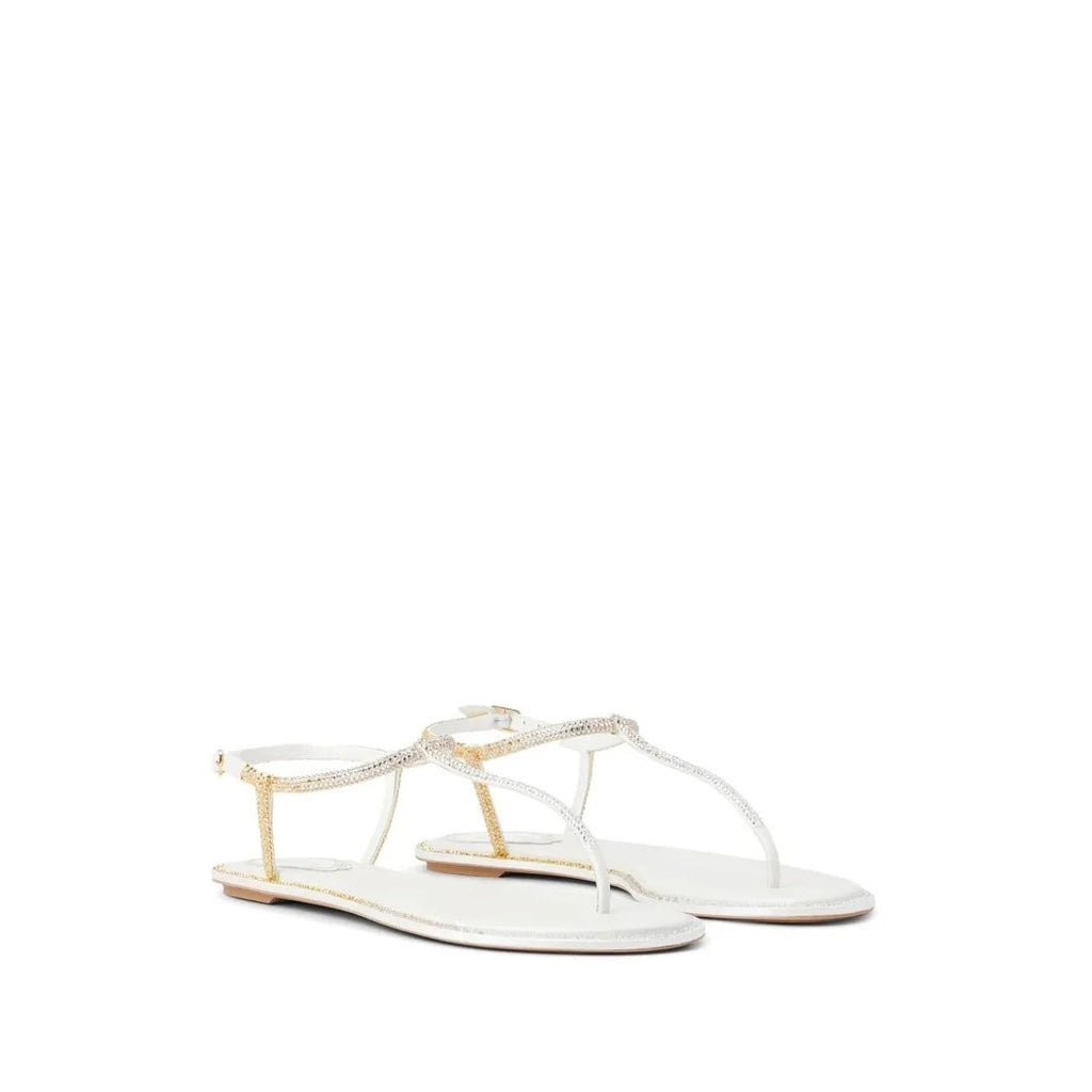 René Caovilla Diana 10 Crystal Flat Sandal - White/Gold
