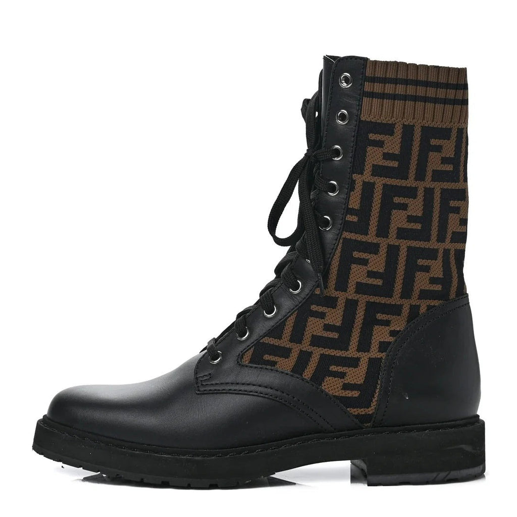 Fendi FF Rockoko Stretch Fabric Openwork Sock Boot - Black/Brown FF