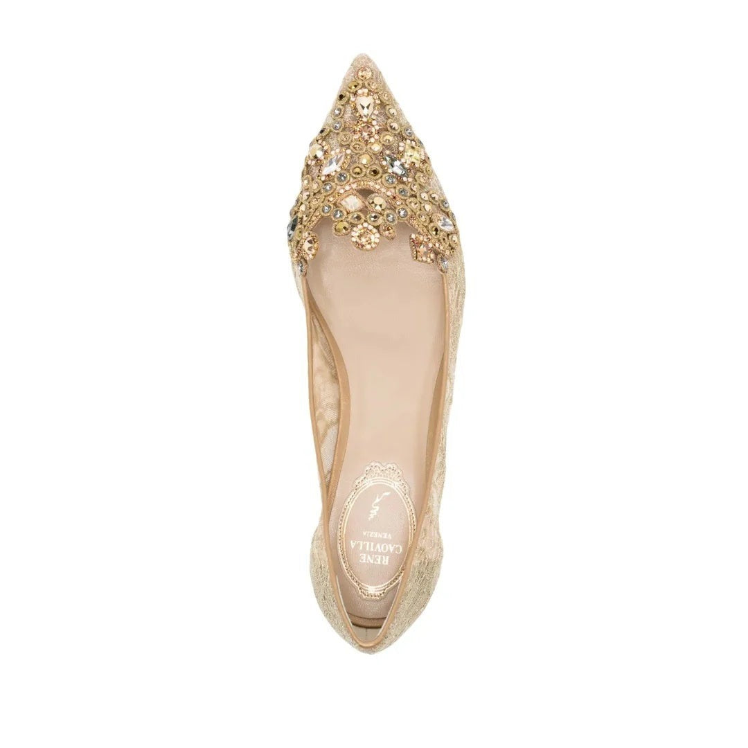 René Caovilla Crystal-Embellished Lace Ballerina Shoe - Gold