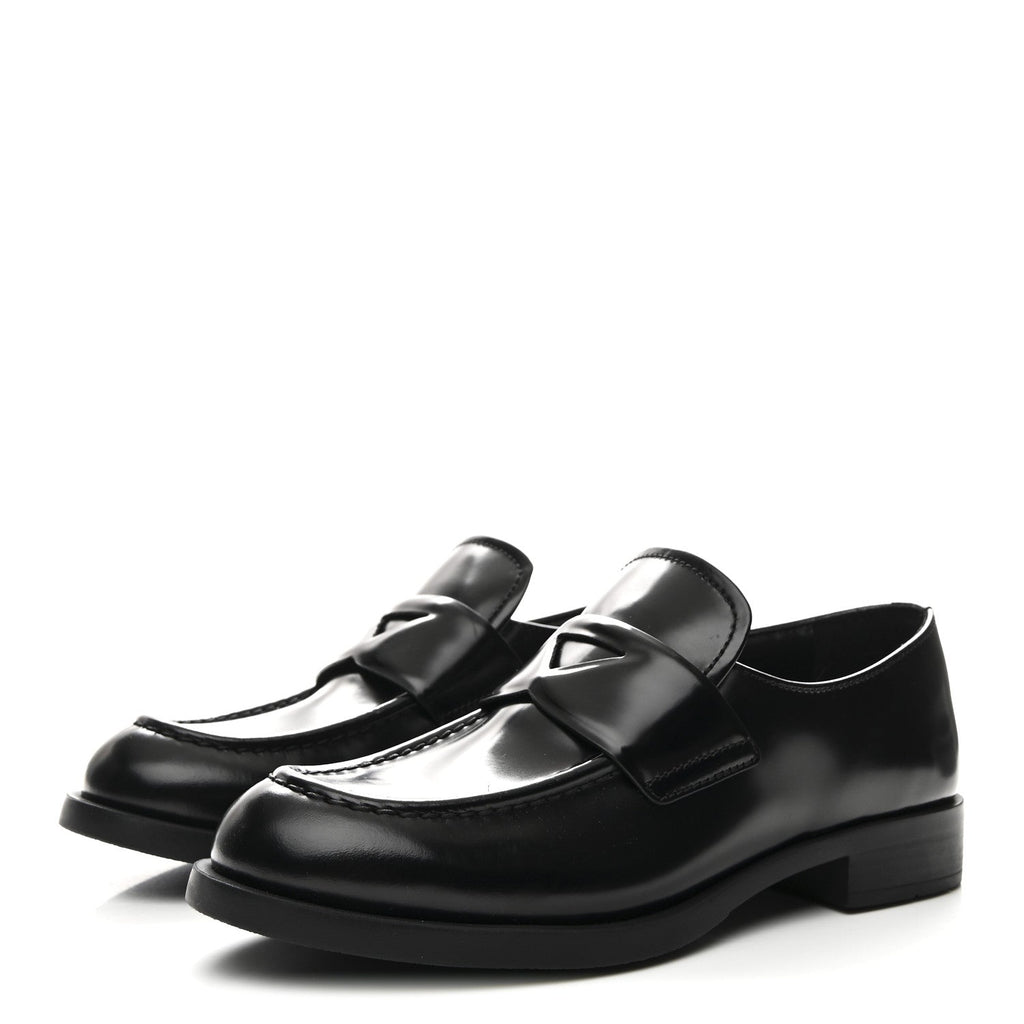 PRADA SPAZZOLATO TRIANGLE LOGO MONOLITH POINTY LOAFERS BLACK