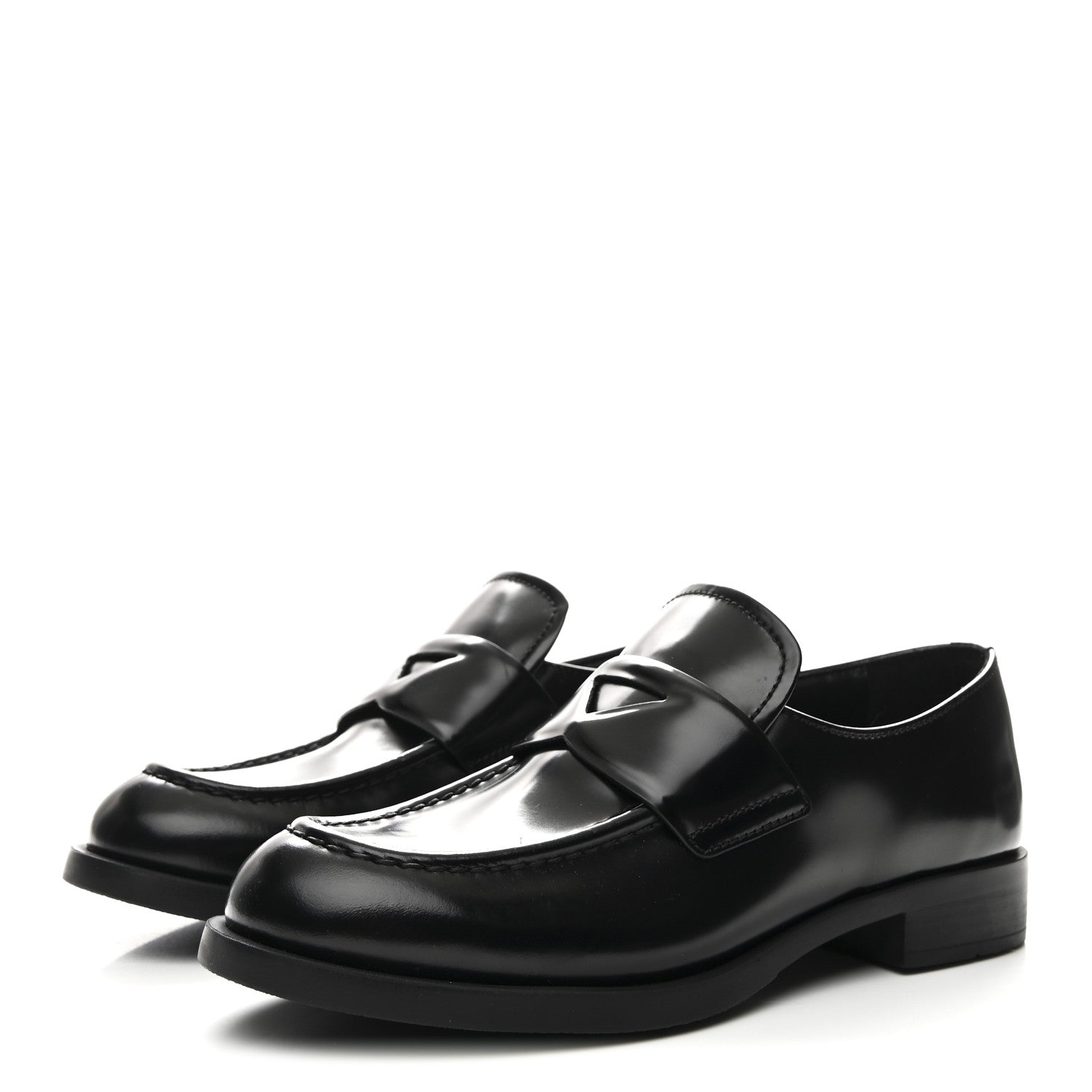 PRADA SPAZZOLATO TRIANGLE LOGO MONOLITH POINTY LOAFERS BLACK
