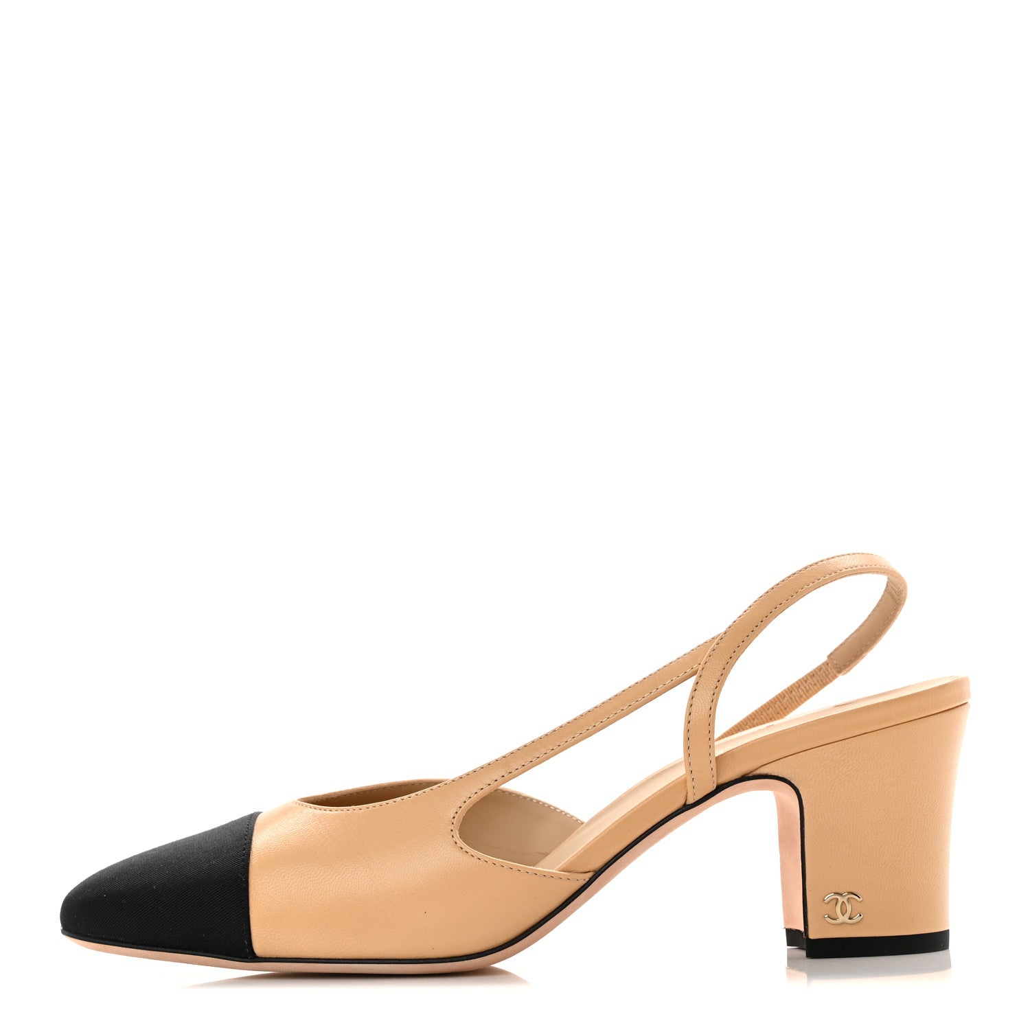 CHANEL GOATSKIN GROSGRAIN CAP TOE CC SLINGBACK PUMP BEIGE BLACK
