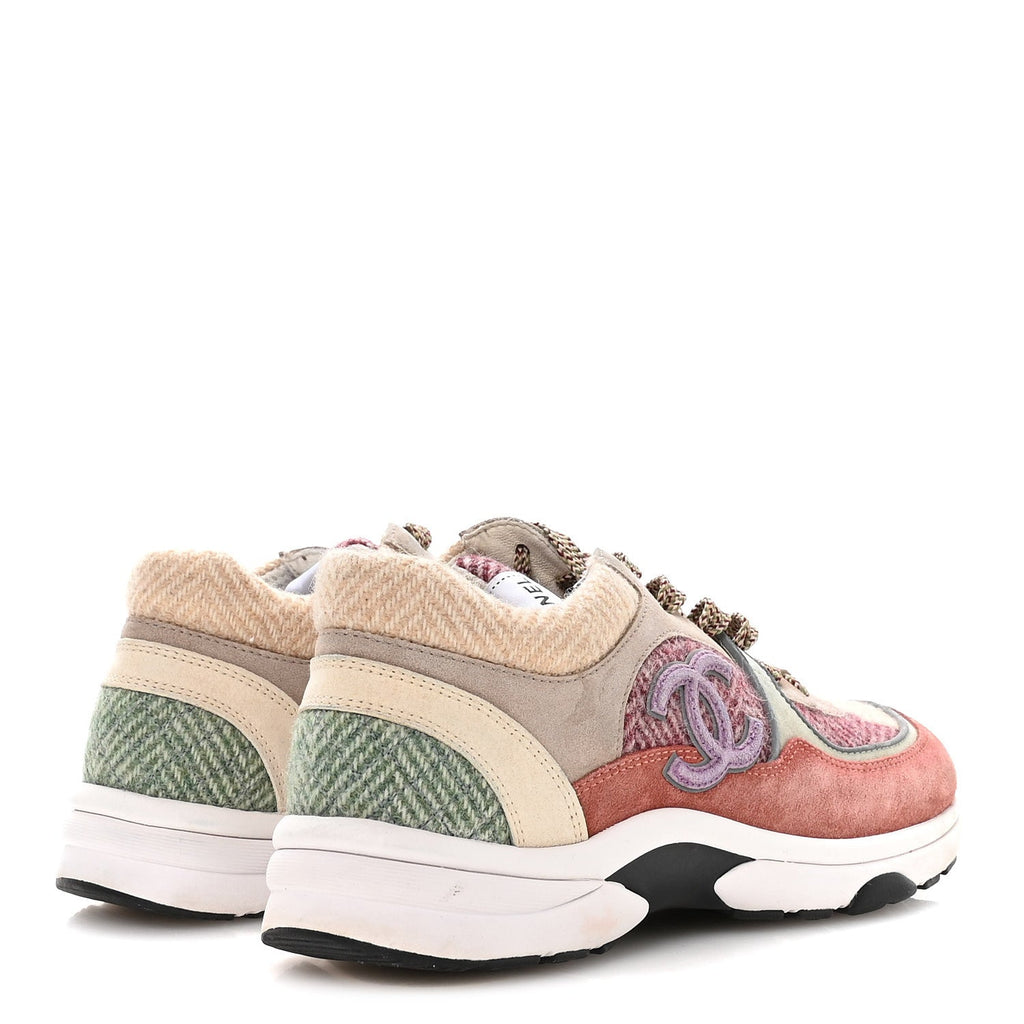 CHANEL FABRIC SUEDE CALFSKIN CC SNEAKERS PINK BEIGE WHITE & MULTICOLOR RAINBOW