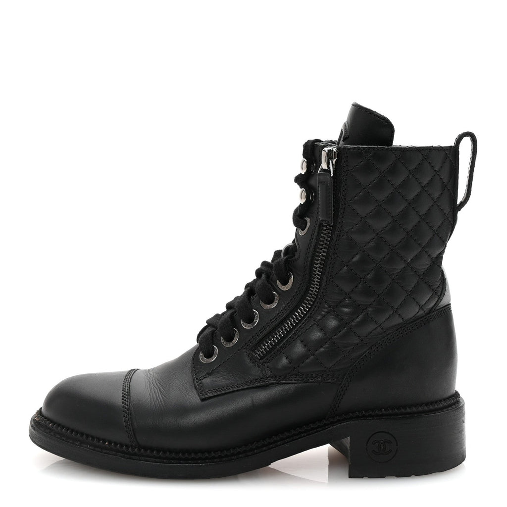 CHANEL QUILTED LACE UP COMBAT BOOTS CALFSKIN BLACK SHW