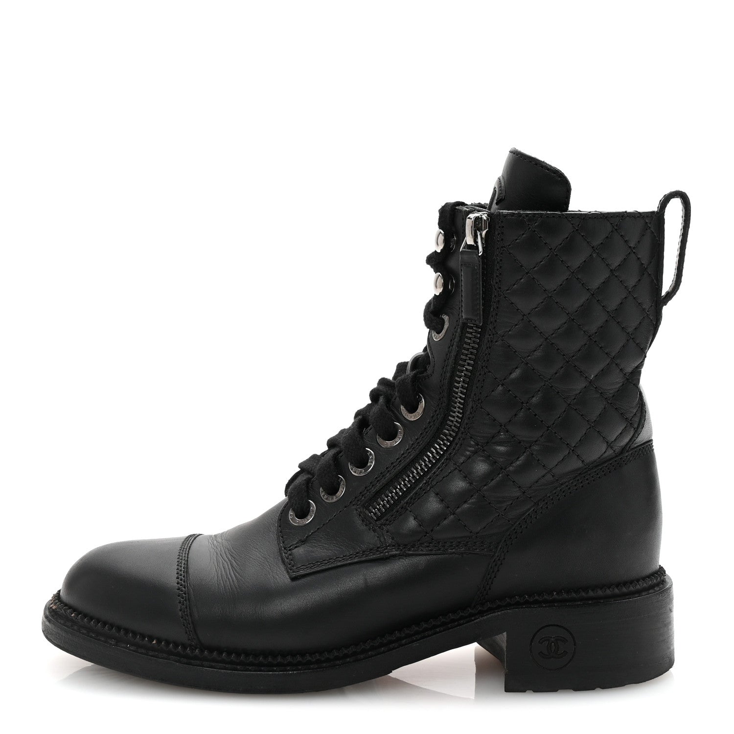 CHANEL QUILTED LACE UP COMBAT BOOTS CALFSKIN BLACK SHW
