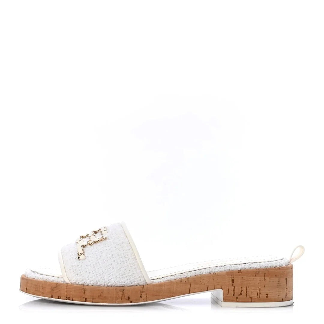 Chanel Tweed Grosgrain CC Mule Slide - White/Cork
