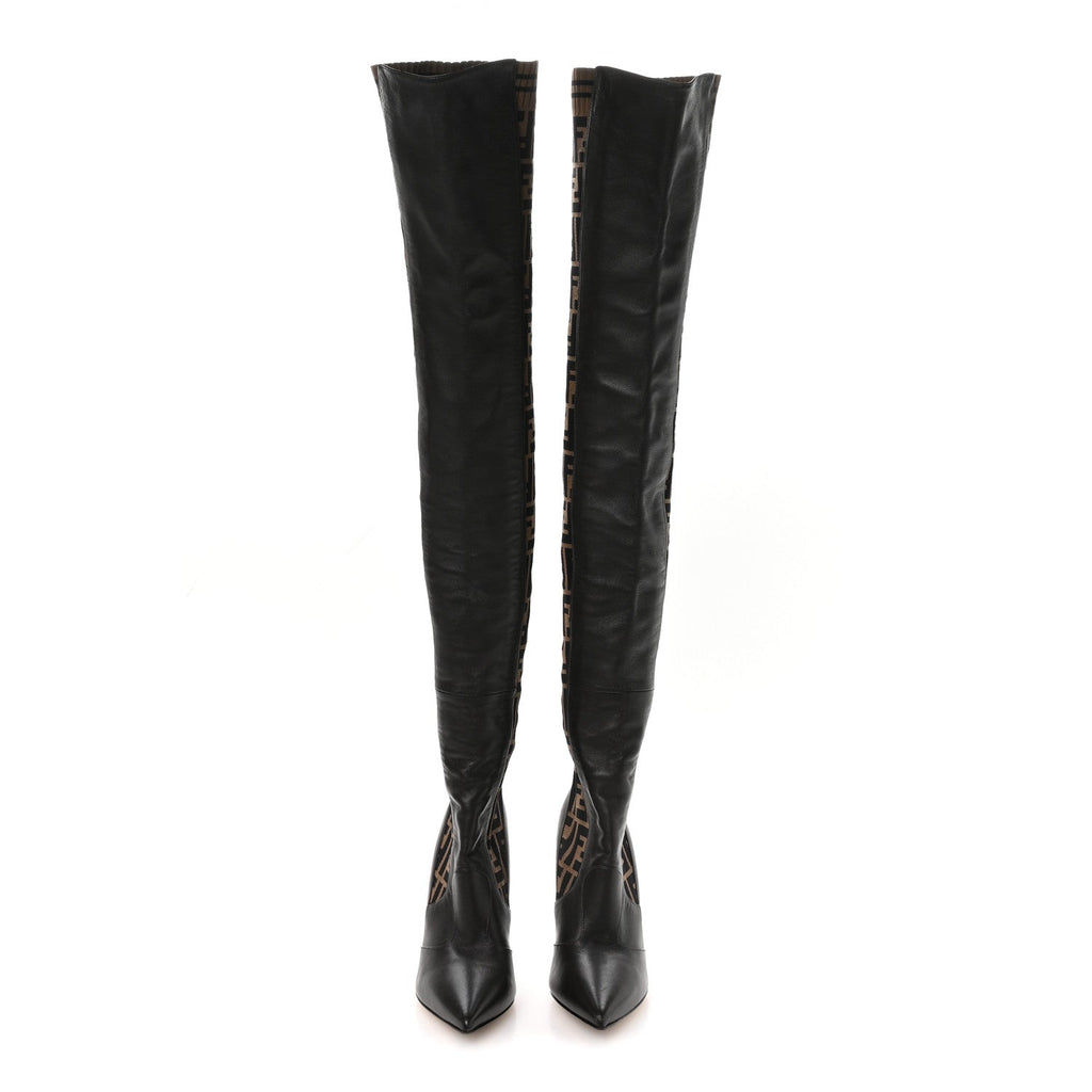 FENDI FF ROCKOKO NAPPA MICROFIBER THIGH HIGH BOOT EBANO TOBACCO