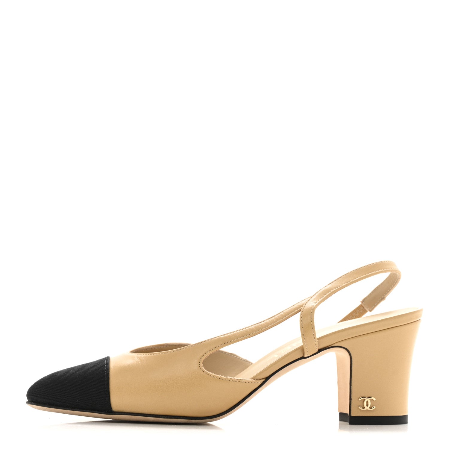 CHANEL GOATSKIN GROSGRAIN CAP TOE CC SLINGBACK PUMP BEIGE BLACK