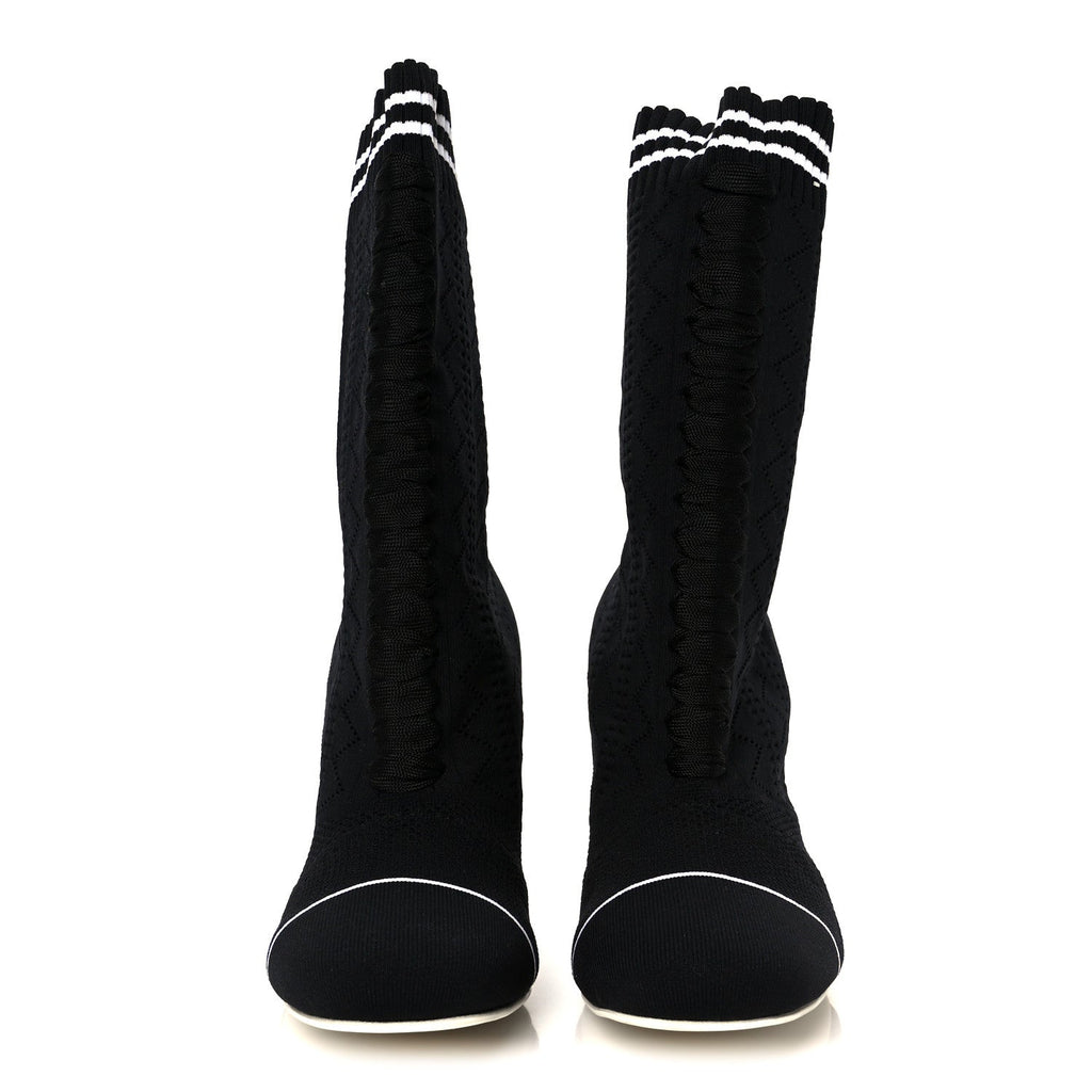 FENDI FF ROCKOKO STRETCH FABRIC OPENWORK SOCK BOOT BLACK & WHITE PEARL