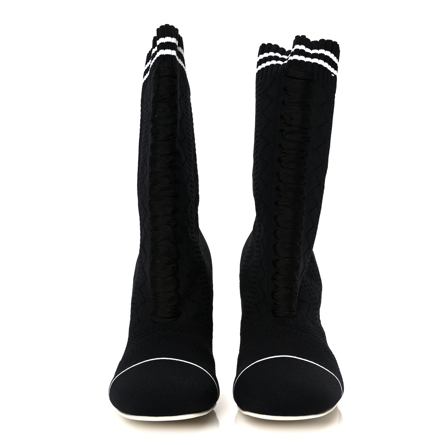 FENDI FF ROCKOKO STRETCH FABRIC OPENWORK SOCK BOOT BLACK & WHITE PEARL