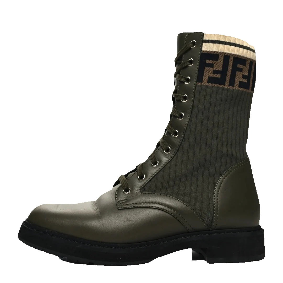 Fendi FF Rockoko Stretch Fabric Openwork Sock Boot - Olive Green
