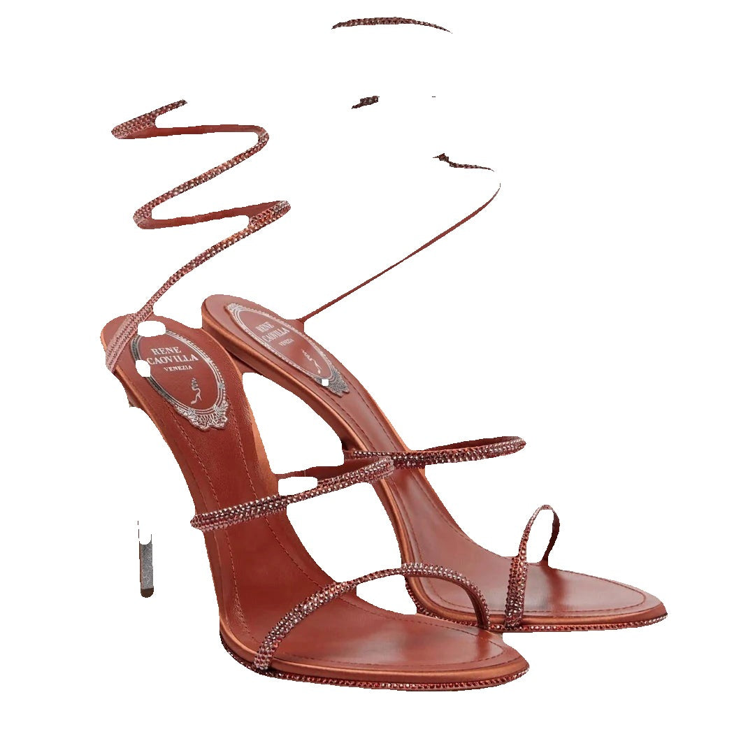 René Caovilla Cleo 105mm Baguette Crystal Satin Snake-Wrap Sandal - Rust/Terracotta