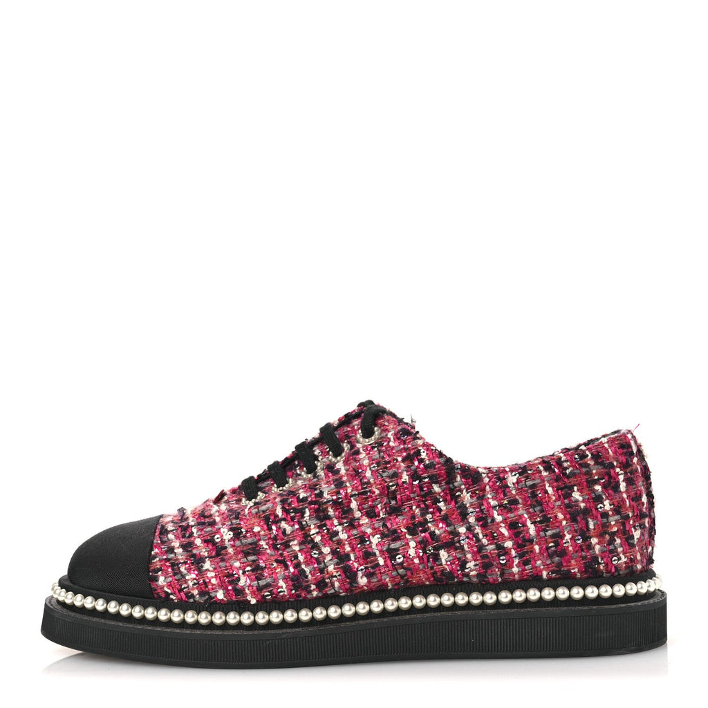 CHANEL TWEED GROSGRAIN SEQUIN PEARL LACE UP SNEAKER BLACK