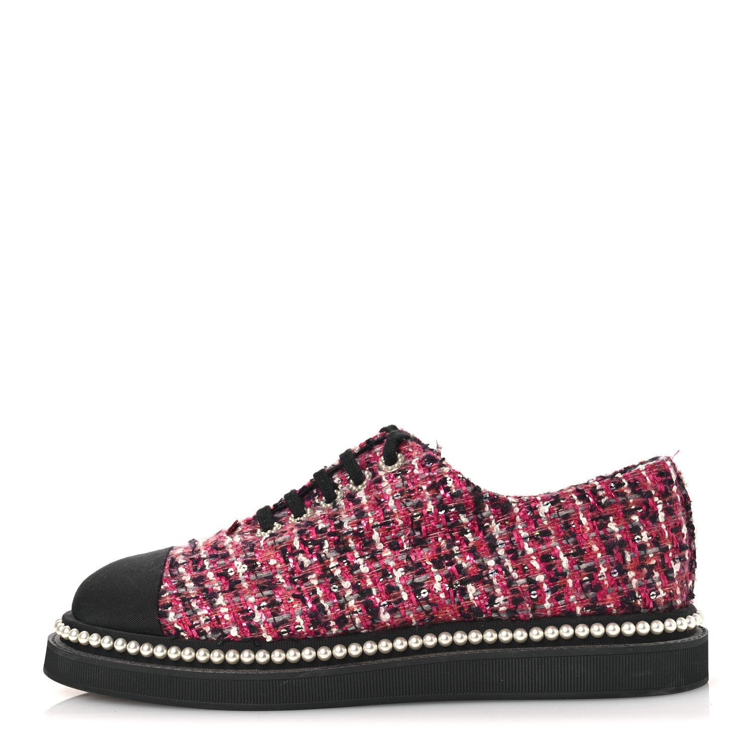 CHANEL TWEED GROSGRAIN SEQUIN PEARL LACE UP SNEAKER BLACK