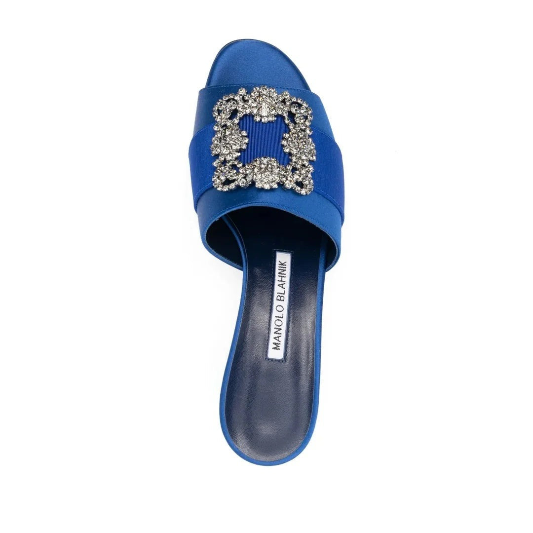 Manolo Blahnik Martanew 50 Satin Mules With Crystal Buckle - Blue