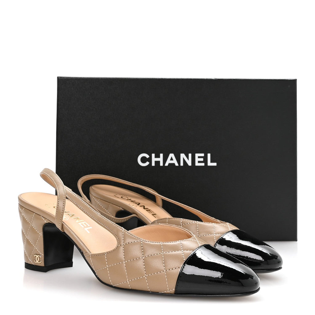 CHANEL BEIGE BLACK CAP TOE CC SLINGBACK PUMPS BEIGE
